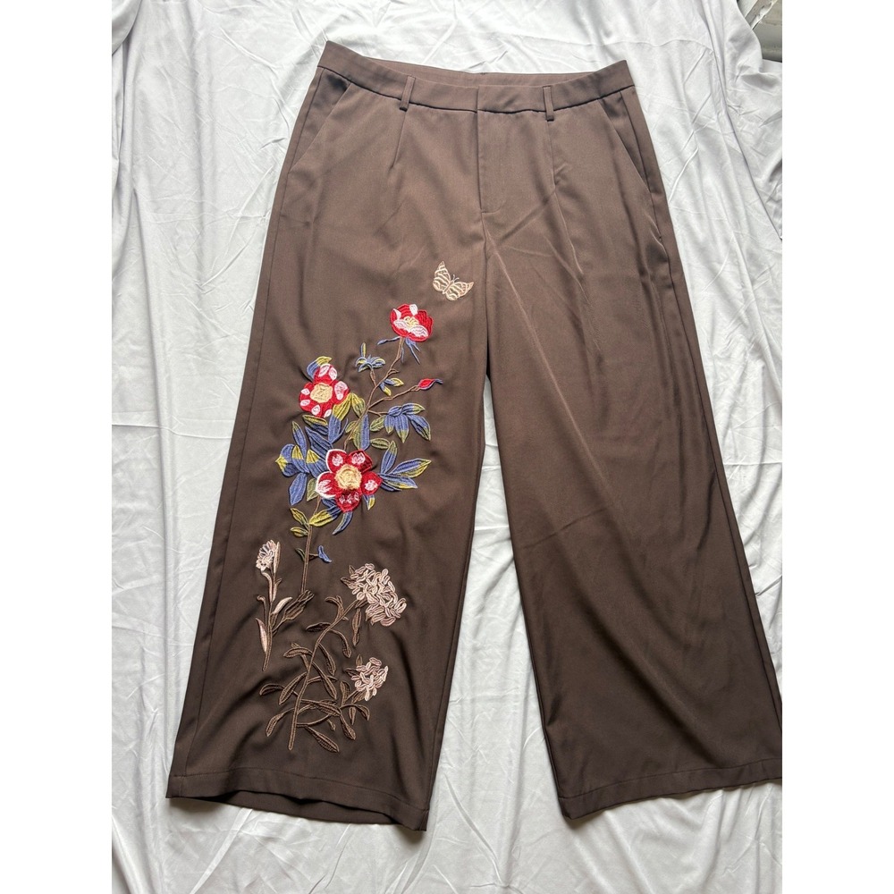 Brown Floral Embroidered Wide Leg Trousers Womens 2XL High Waist Boho Pants